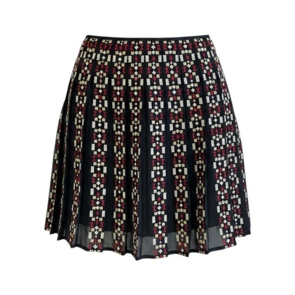 Ann Taylor Petite Black Folk Embroidered Pleated A-Line Skirt Office Workwear